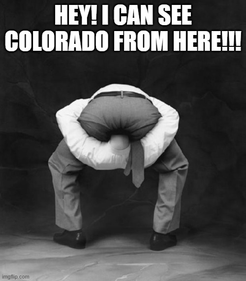 There are Republicans in Colorado, and too many RINOs, but it's the Front Range cities that ruined us | HEY! I CAN SEE COLORADO FROM HERE!!! | image tagged in head up ass | made w/ Imgflip meme maker