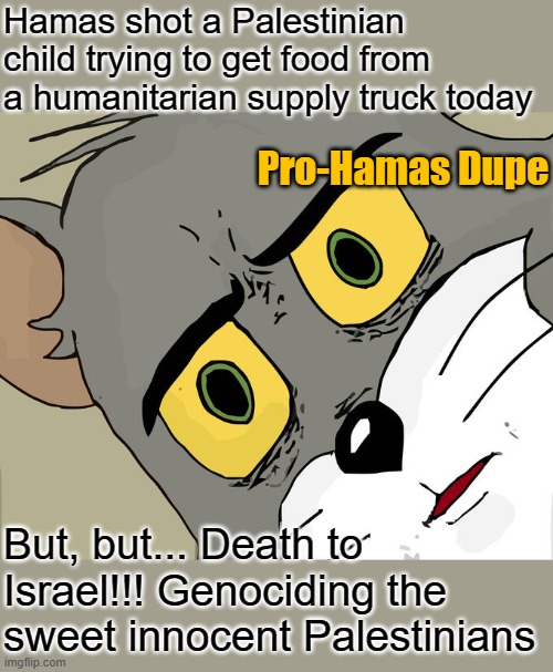 Not one Muslim nation is taking "Palestinian Refugees", Canadian Politicians want to take them though... | Hamas shot a Palestinian child trying to get food from a humanitarian supply truck today; Pro-Hamas Dupe; But, but... Death to Israel!!! Genociding the sweet innocent Palestinians | image tagged in memes,unsettled tom | made w/ Imgflip meme maker