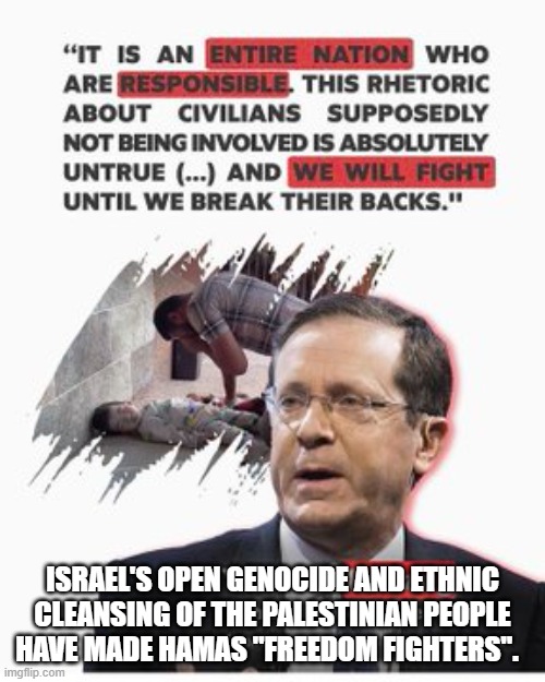 Israel Hamas | ISRAEL'S OPEN GENOCIDE AND ETHNIC CLEANSING OF THE PALESTINIAN PEOPLE HAVE MADE HAMAS "FREEDOM FIGHTERS". | image tagged in israel,hamas,palestine,freedom fighters,genocide joe | made w/ Imgflip meme maker