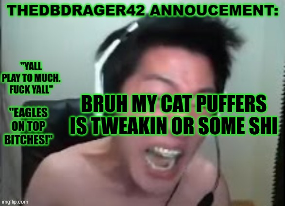 thedbdrager42s annoucement template | BRUH MY CAT PUFFERS IS TWEAKIN OR SOME SHI | image tagged in thedbdrager42s annoucement template | made w/ Imgflip meme maker
