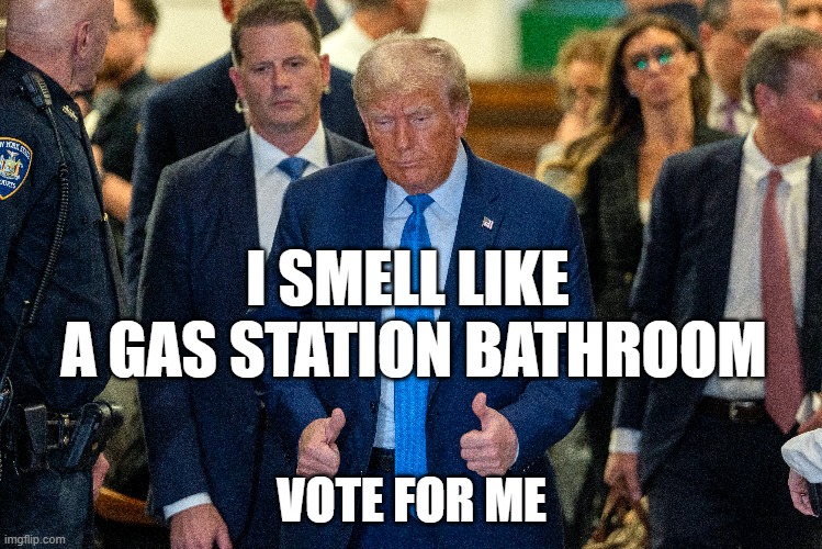 I SMELL LIKE 
A GAS STATION BATHROOM; VOTE FOR ME | image tagged in trump,stinks | made w/ Imgflip meme maker