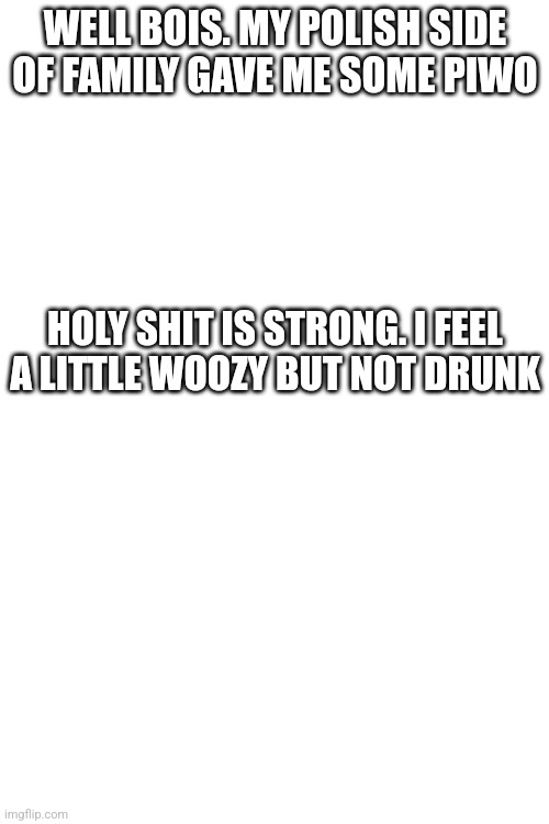 WELL BOIS. MY POLISH SIDE OF FAMILY GAVE ME SOME PIWO; HOLY SHIT IS STRONG. I FEEL A LITTLE WOOZY BUT NOT DRUNK | made w/ Imgflip meme maker