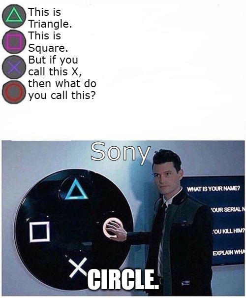 I know Sony calls X cross, but why don't devs call circle O? | This is
Triangle.
This is
Square.

But if you
call this X,
then what do
you call this? Sony; CIRCLE. | image tagged in playstation button choices | made w/ Imgflip meme maker