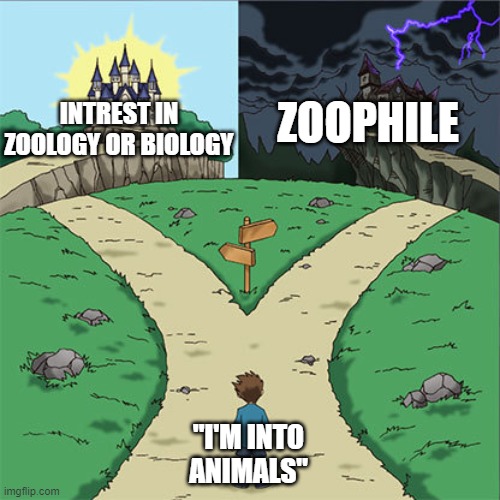Two Paths | ZOOPHILE; INTREST IN ZOOLOGY OR BIOLOGY; "I'M INTO ANIMALS" | image tagged in two paths | made w/ Imgflip meme maker