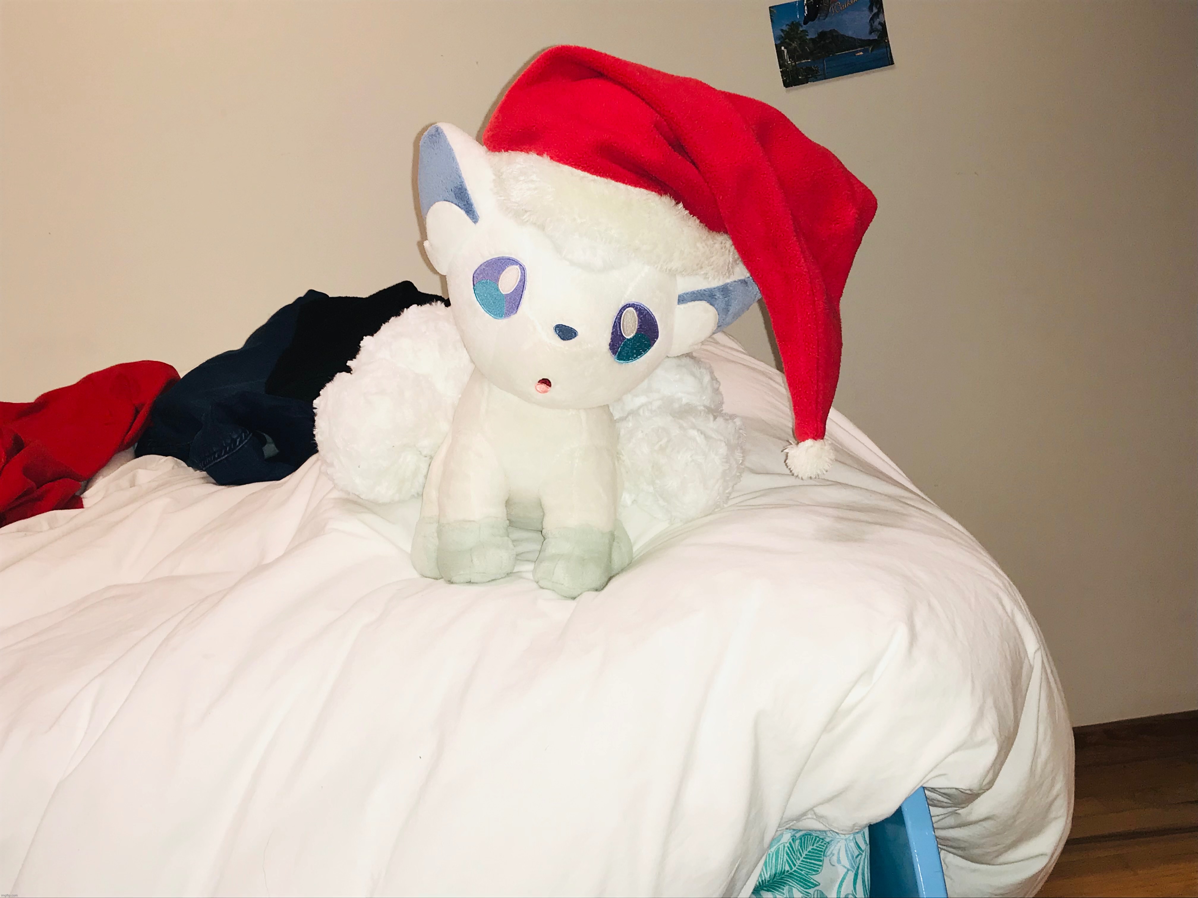 MERRY CHRISTMAS EVERYBODY! here’s a picture of my Alolan Vulpix plushie! | image tagged in merry christmas | made w/ Imgflip meme maker