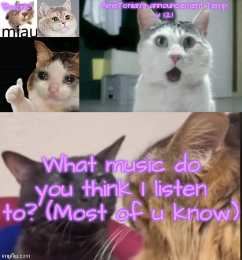 AmeTonian's announcement Temp v 1.2.1 | What music do you think I listen to? (Most of u know) | image tagged in ametonian's announcement temp v 1 2 1 | made w/ Imgflip meme maker