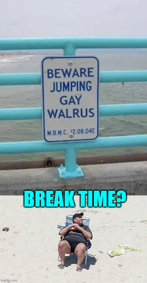 Break time? | BREAK TIME? | image tagged in chris christy beach,jumping,walrus,warning sign | made w/ Imgflip meme maker