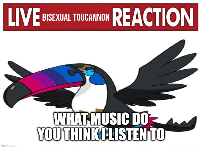 Live Bisexual Toucannon Reaction | WHAT MUSIC DO YOU THINK I LISTEN TO | image tagged in live bisexual toucannon reaction | made w/ Imgflip meme maker