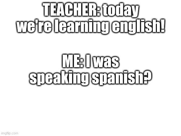 seriously though. why | TEACHER: today we're learning english! ME: I was speaking spanish? | image tagged in blank white template,real | made w/ Imgflip meme maker
