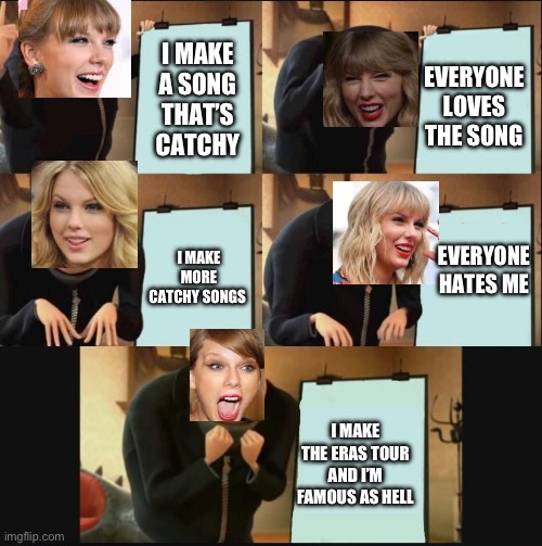 For all Taylor swift fans.  I HATE YOU | I MAKE A SONG THAT’S CATCHY; EVERYONE LOVES THE SONG; EVERYONE HATES ME; I MAKE MORE CATCHY SONGS; I MAKE THE ERAS TOUR AND I’M FAMOUS AS HELL | image tagged in 5 panel gru meme | made w/ Imgflip meme maker