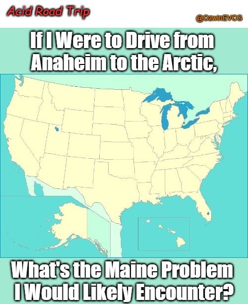Acid Road Trip | Acid Road Trip; @OzwinEVCG; If I Were to Drive from 
Anaheim to the Arctic, What's the Maine Problem 
I Would Likely Encounter? | image tagged in driving miss daisy,acid trips,eyeroll meme,road trips,groan pun,inquiring minds | made w/ Imgflip meme maker