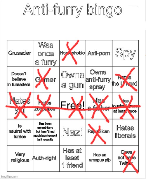 My final anti furry bingo | image tagged in anti-furry bingo | made w/ Imgflip meme maker