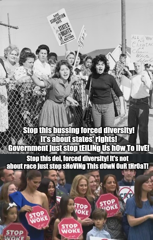 It's all just a little bit of history repeating lol. Poor kids | Stop this bussing forced diversity! It's about states' rights! Government just stop tElLiNg Us hOw To lIvE! Stop this dei, forced diversity! It's not about race just stop sHoViNg ThIs dOwN OuR tHrOaT! | image tagged in right wing,conservative,republican,craziness_all_the_way,insane | made w/ Imgflip meme maker