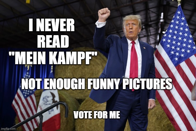 I NEVER 
READ
"MEIN KAMPF"; NOT ENOUGH FUNNY PICTURES; VOTE FOR ME | image tagged in trump,nazi | made w/ Imgflip meme maker