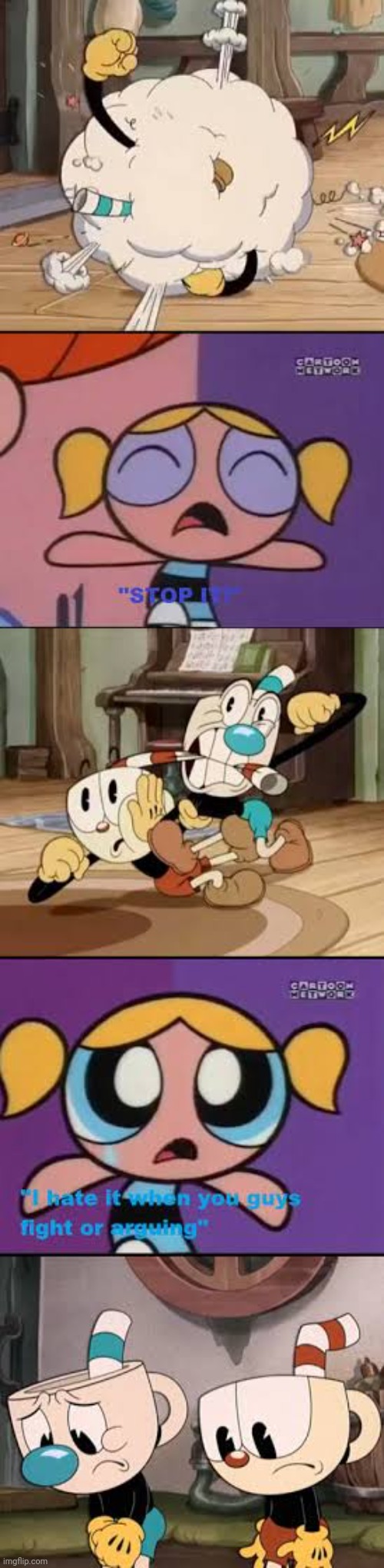 Bubbles wants Cuphead and Mugman to stop fighting by Pet-54 on ... | made w/ Imgflip meme maker