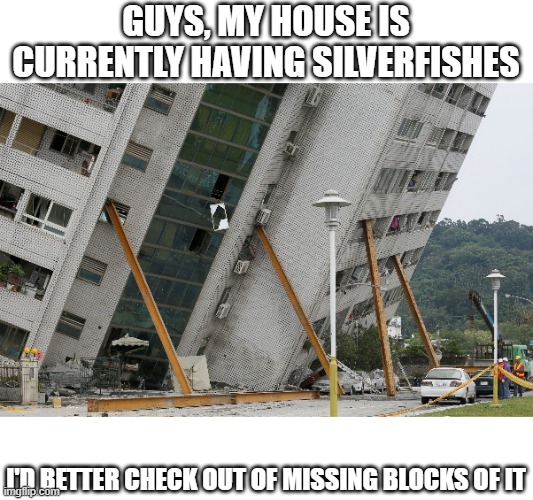 POV: stronghold blocking moment | GUYS, MY HOUSE IS CURRENTLY HAVING SILVERFISHES; I'D BETTER CHECK OUT OF MISSING BLOCKS OF IT | image tagged in leaning building,house,silverfish,minecraft,destroy,oh no | made w/ Imgflip meme maker