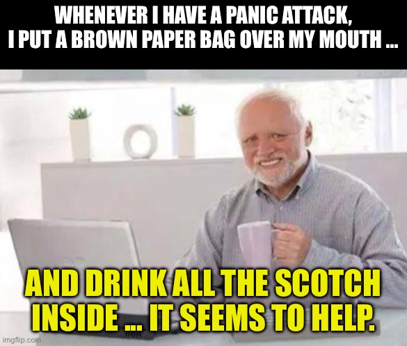 Panic | WHENEVER I HAVE A PANIC ATTACK, I PUT A BROWN PAPER BAG OVER MY MOUTH ... AND DRINK ALL THE SCOTCH INSIDE ... IT SEEMS TO HELP. | image tagged in harold | made w/ Imgflip meme maker