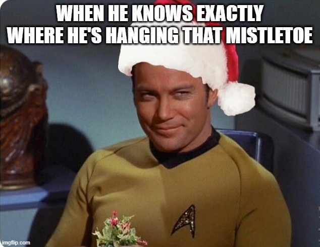Kiss the Captain | WHEN HE KNOWS EXACTLY WHERE HE'S HANGING THAT MISTLETOE | image tagged in star trek | made w/ Imgflip meme maker
