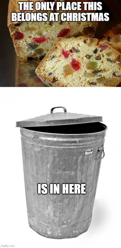 Fruit Cake | THE ONLY PLACE THIS BELONGS AT CHRISTMAS; IS IN HERE | image tagged in trash can | made w/ Imgflip meme maker