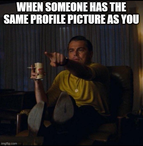 :) | WHEN SOMEONE HAS THE SAME PROFILE PICTURE AS YOU | image tagged in leonardo dicaprio pointing | made w/ Imgflip meme maker