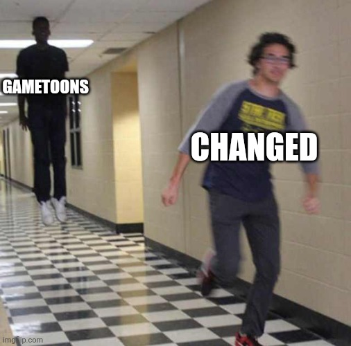 WARNING TO EVERYONE DEFEND CHANGED FROM GAMETOONS! | GAMETOONS; CHANGED | image tagged in floating boy chasing running boy,changed,gametoons,defend | made w/ Imgflip meme maker
