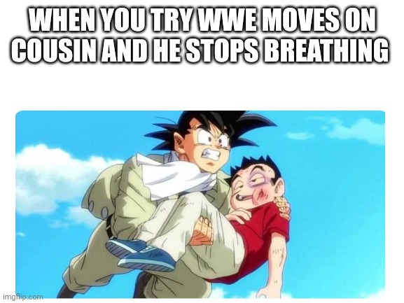 poor boi | WHEN YOU TRY WWE MOVES ON COUSIN AND HE STOPS BREATHING | image tagged in blank white template,wwe,cousin | made w/ Imgflip meme maker