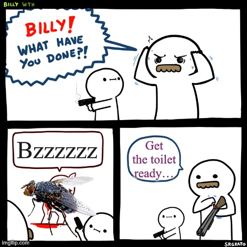 Fly that shall die | Bzzzzzz; Get the toilet ready… | image tagged in billy what have you done | made w/ Imgflip meme maker