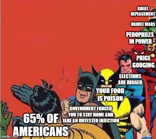 "Excuse me, I'll handle this" | GREAT REPLACEMENT; UNJUST WARS; PEDOPHILES 
IN POWER; PRICE GOUGING; ELECTIONS ARE RIGGED; YOUR FOOD IS POISON; GOVERNMENT FORCED YOU TO STAY HOME AND TAKE AN UNTESTED INJECTION; 65% OF AMERICANS | image tagged in batman slapping robin with superheroes lined up | made w/ Imgflip meme maker