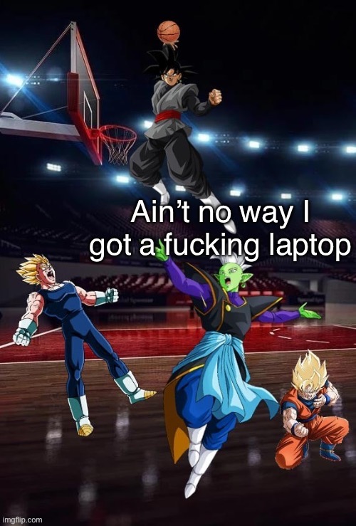 Goku ballin | Ain’t no way I got a fucking laptop | image tagged in goku ballin | made w/ Imgflip meme maker