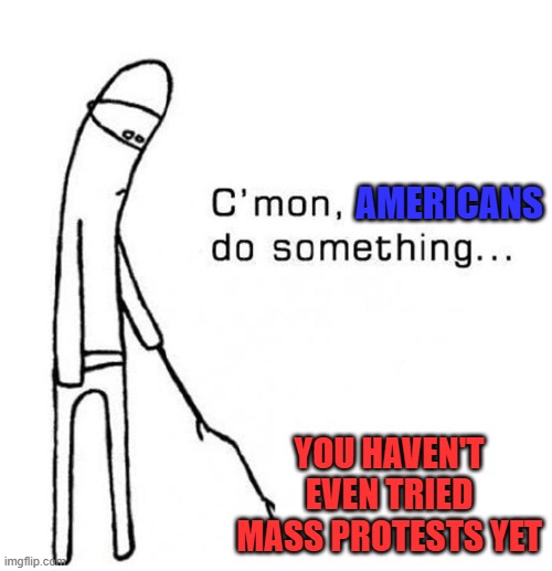 Still Waiting | AMERICANS; YOU HAVEN'T EVEN TRIED MASS PROTESTS YET | image tagged in cmon do something,don't wait for trump | made w/ Imgflip meme maker
