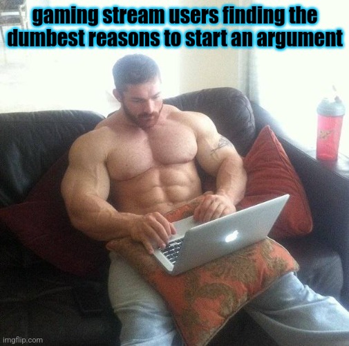 Buff guy typing on a laptop | gaming stream users finding the dumbest reasons to start an argument | image tagged in buff guy typing on a laptop | made w/ Imgflip meme maker