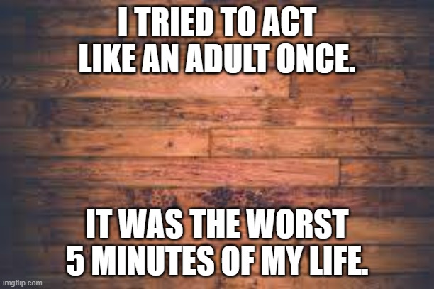 meme by Brad I tried to act like an adult | I TRIED TO ACT LIKE AN ADULT ONCE. IT WAS THE WORST 5 MINUTES OF MY LIFE. | image tagged in funny,funny meme,humor | made w/ Imgflip meme maker