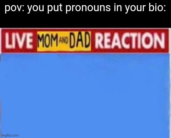 Live mom and dad reaction | pov: you put pronouns in your bio: | image tagged in live mom and dad reaction | made w/ Imgflip meme maker