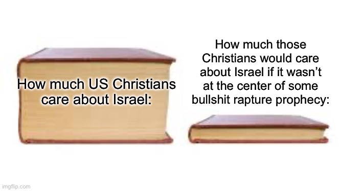 Big book small book | How much those Christians would care about Israel if it wasn’t at the center of some bullshit rapture prophecy:; How much US Christians care about Israel: | image tagged in big book small book,christianity,israel,palestine | made w/ Imgflip meme maker
