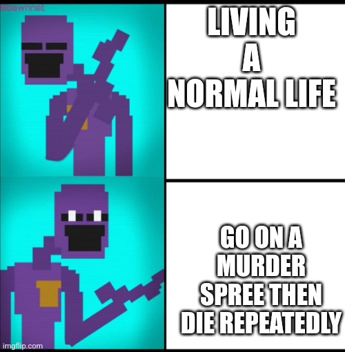 True | LIVING A NORMAL LIFE; GO ON A MURDER SPREE THEN DIE REPEATEDLY | image tagged in drake hotline bling meme fnaf edition,purple guy | made w/ Imgflip meme maker