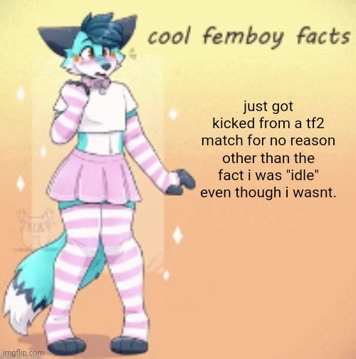 braindead players ngl | just got kicked from a tf2 match for no reason other than the fact i was "idle" even though i wasnt. | image tagged in cool femboy facts | made w/ Imgflip meme maker