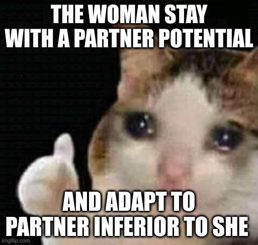 inferior to | THE WOMAN STAY WITH A PARTNER POTENTIAL; AND ADAPT TO PARTNER INFERIOR TO SHE | image tagged in sad thumbs up cat | made w/ Imgflip meme maker