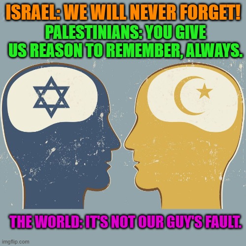 Semites killing Semites for control of Ancient Tribal Lands. | ISRAEL: WE WILL NEVER FORGET! PALESTINIANS: YOU GIVE US REASON TO REMEMBER, ALWAYS. THE WORLD: IT'S NOT OUR GUY'S FAULT. | image tagged in politics | made w/ Imgflip meme maker