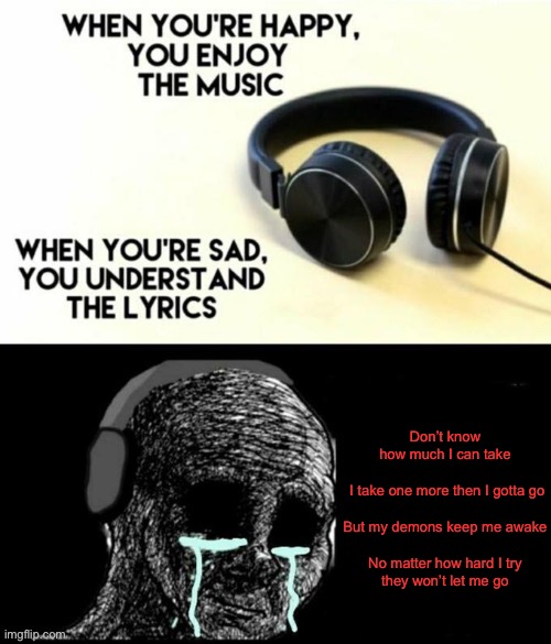 I understand it cause I went through addiction and depression | Don’t know how much I can take
 
 I take one more then I gotta go
 
But my demons keep me awake
 
No matter how hard I try they won’t let me go | image tagged in when your sad you understand the lyrics | made w/ Imgflip meme maker