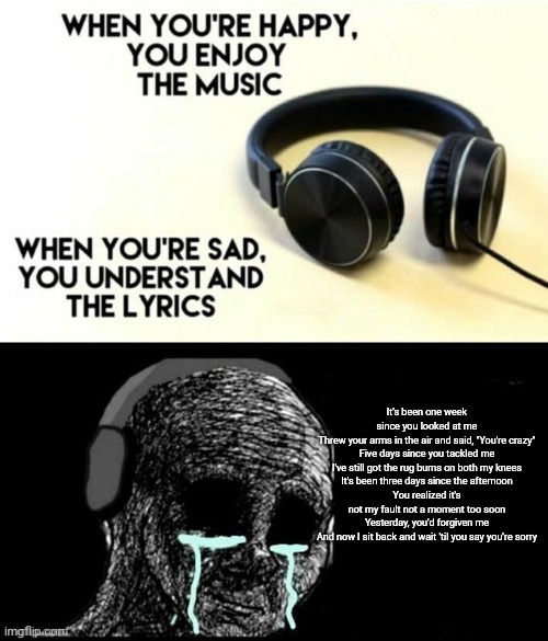 When your sad you understand the lyrics | It's been one week since you looked at me
Threw your arms in the air and said, "You're crazy"
Five days since you tackled me
I've still got the rug burns on both my knees
It's been three days since the afternoon
You realized it's not my fault not a moment too soon
Yesterday, you'd forgiven me
And now I sit back and wait 'til you say you're sorry | image tagged in when your sad you understand the lyrics | made w/ Imgflip meme maker