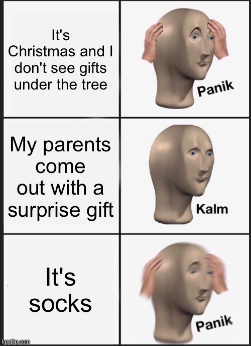Bruh | It's Christmas and I don't see gifts under the tree; My parents come out with a surprise gift; It's socks | image tagged in memes,panik kalm panik | made w/ Imgflip meme maker