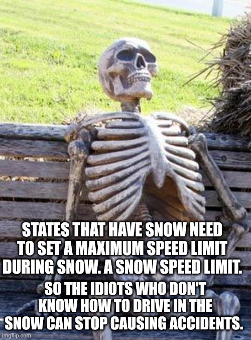 Waiting Skeleton | STATES THAT HAVE SNOW NEED TO SET A MAXIMUM SPEED LIMIT DURING SNOW. A SNOW SPEED LIMIT. SO THE IDIOTS WHO DON'T KNOW HOW TO DRIVE IN THE SNOW CAN STOP CAUSING ACCIDENTS. | image tagged in memes,waiting skeleton | made w/ Imgflip meme maker