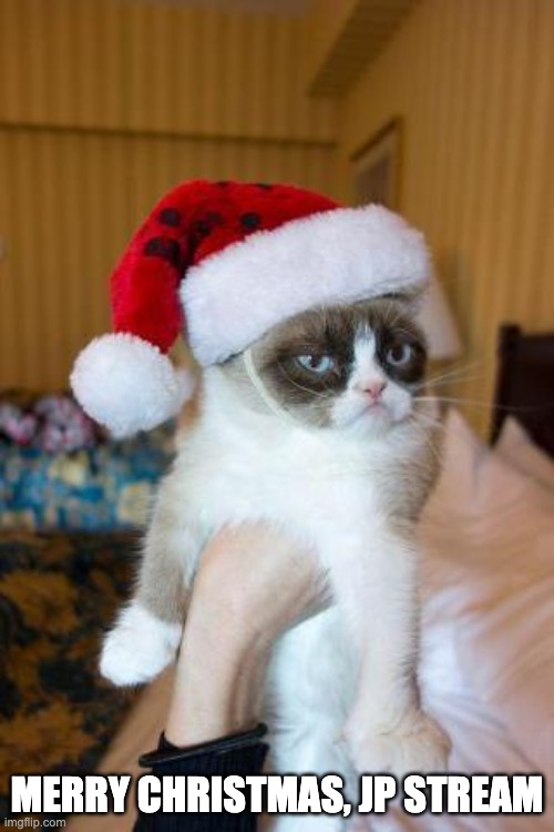 Merry Christmas... Also DarthTricera don't forget to deal with JP30 | MERRY CHRISTMAS, JP STREAM | image tagged in memes,grumpy cat christmas,grumpy cat | made w/ Imgflip meme maker