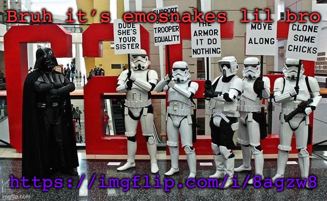Stormtrooper protest | Bruh it’s emosnakes lil bro; https://imgflip.com/i/8agzw8 | image tagged in stormtrooper protest | made w/ Imgflip meme maker