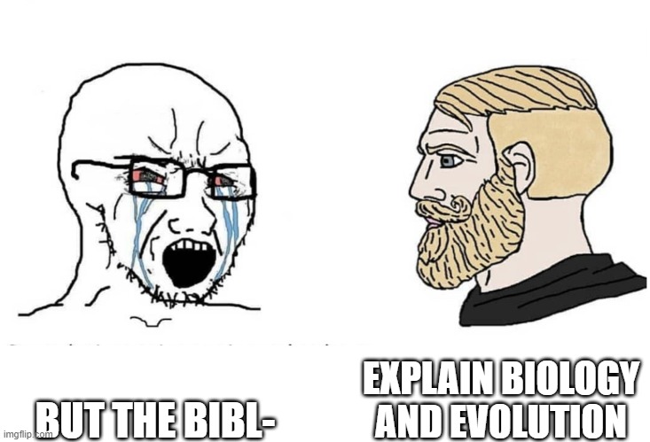 Soyboy Vs Yes Chad | EXPLAIN BIOLOGY AND EVOLUTION; BUT THE BIBL- | image tagged in soyboy vs yes chad | made w/ Imgflip meme maker