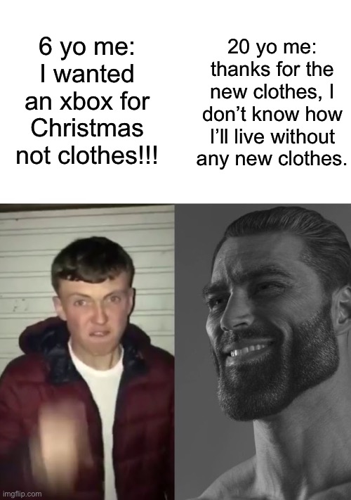 Merry Christmas ya’ll hope you guys have a good one. | 20 yo me: thanks for the new clothes, I don’t know how I’ll live without any new clothes. 6 yo me: I wanted an xbox for Christmas not clothes!!! | image tagged in average fan vs average enjoyer,memes,christmas | made w/ Imgflip meme maker