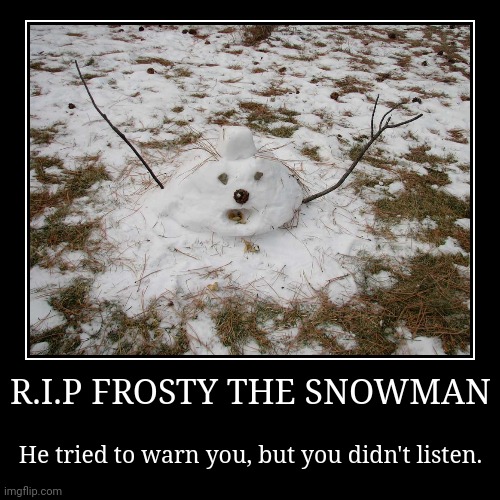 R.I.P FROSTY THE SNOWMAN | He tried to warn you, but you didn't listen. | image tagged in funny,demotivationals | made w/ Imgflip demotivational maker