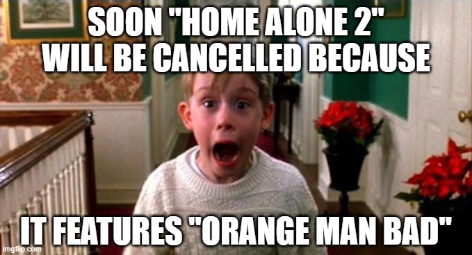 Kevin Home Alone | SOON "HOME ALONE 2" WILL BE CANCELLED BECAUSE IT FEATURES "ORANGE MAN BAD" | image tagged in kevin home alone | made w/ Imgflip meme maker