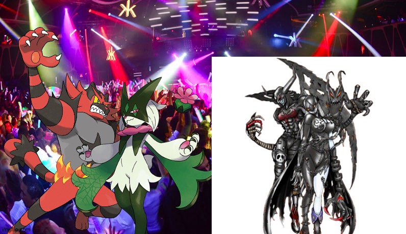 Incineroar and Friends having fun in a dance club | image tagged in dance club,crossover,pokemon,digimon,anime | made w/ Imgflip meme maker