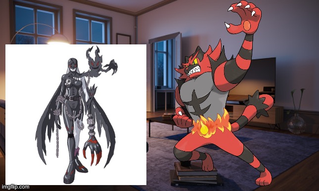 Incineroar and Ladydevimon having a party in their house | image tagged in crossover,pokemon,digimon,anime | made w/ Imgflip meme maker